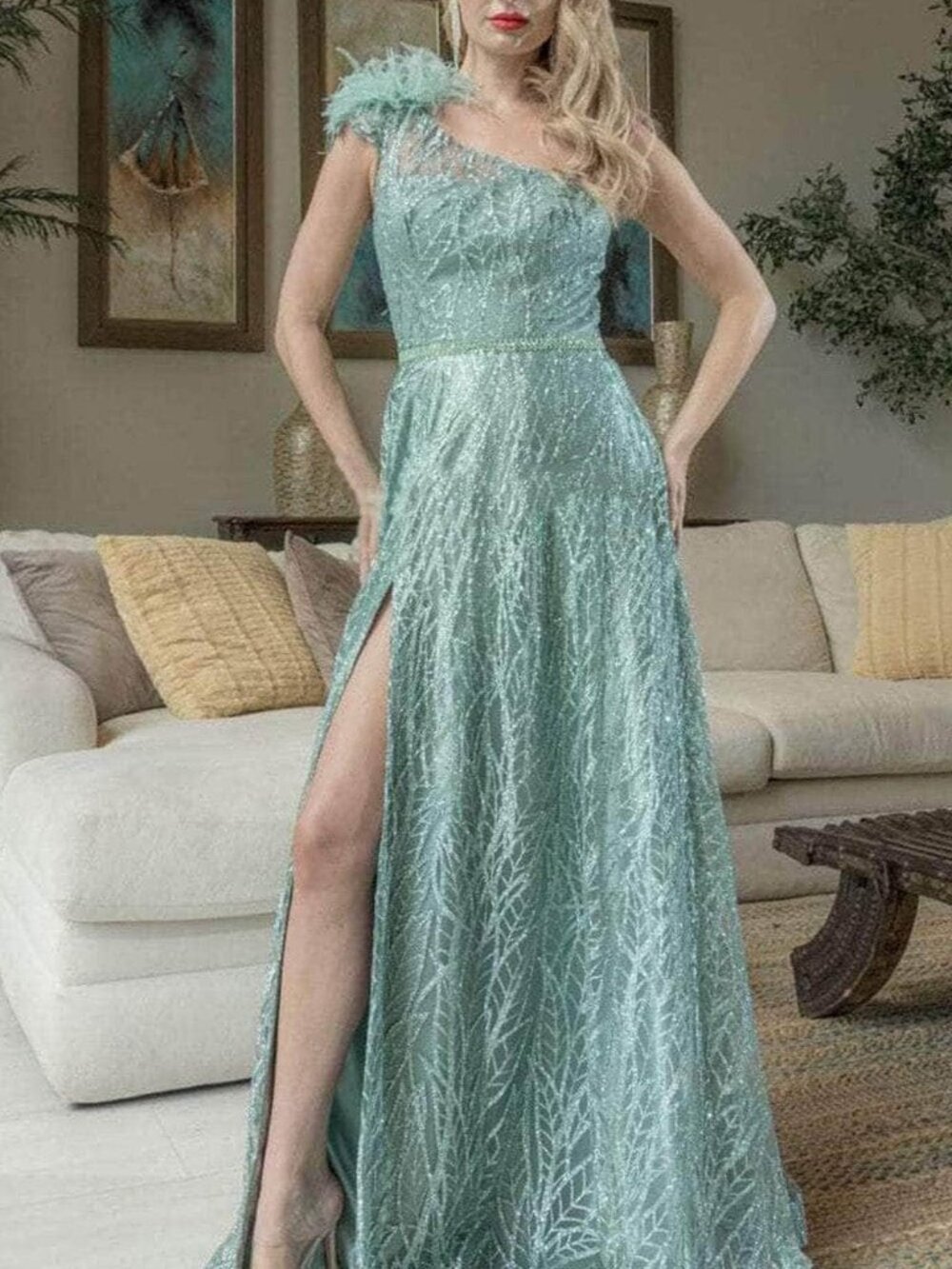 NWT May Queen MQ2024 Prom One Shoulder Gown Sage Size 20